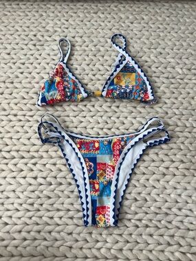 SHEIN Multicolor Patchwork Triangle Bikini - Blue, Red, Yellow